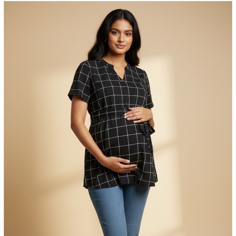 Full Moon Maternity Black Windowpane Grid Tie Waist Blouse Medium Work Chic Top